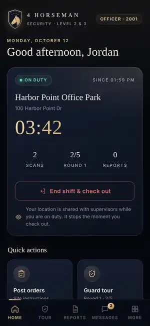 Officer home screen showing an active shift